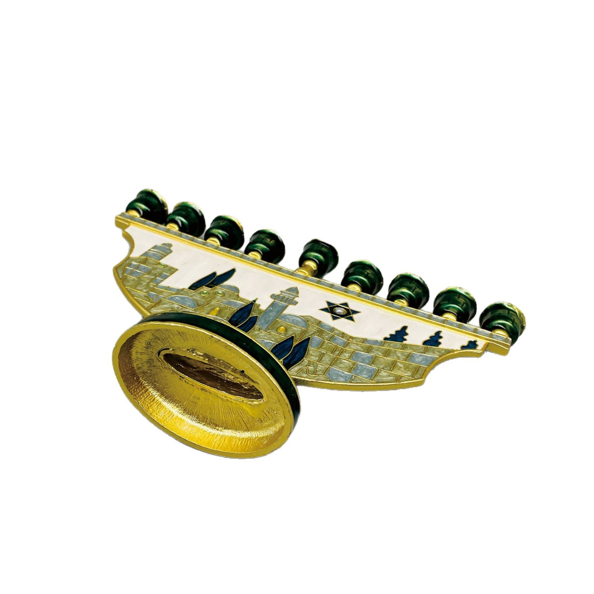 Designer Jerusalem Hanukkah Menorah, Enamel Old City Scene with Star of David