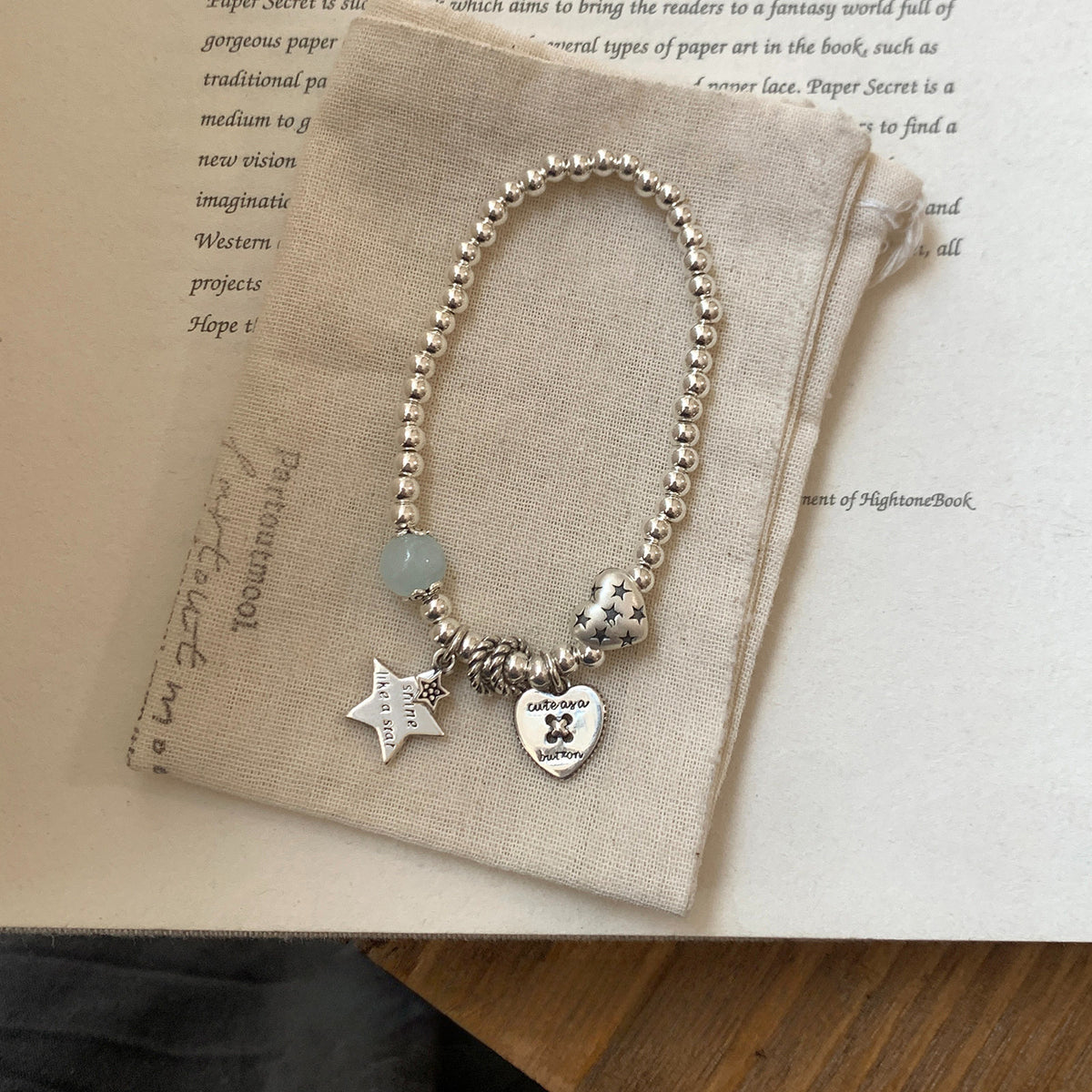 Heart & Star Beaded Bracelet in 925 Sterling Silver