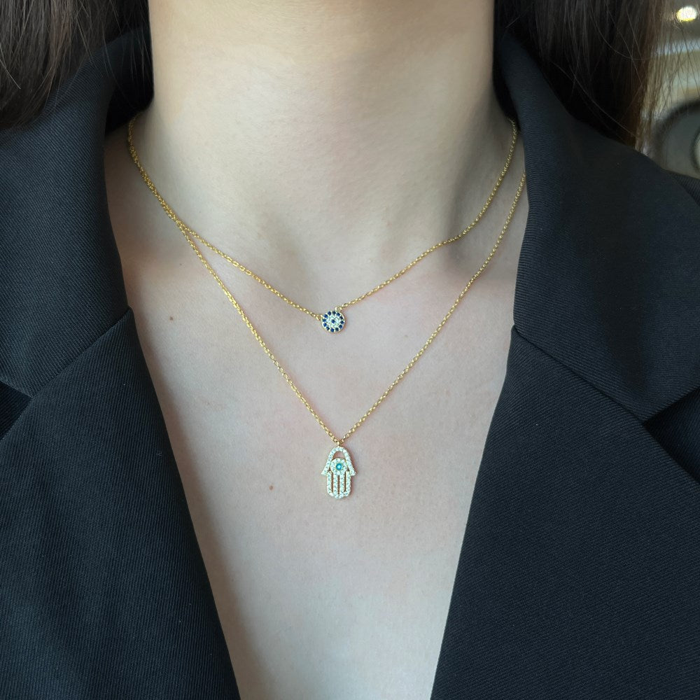 Evil Eye and Hamsa Double Necklace in 925 Sterling Silver, Blue Eye