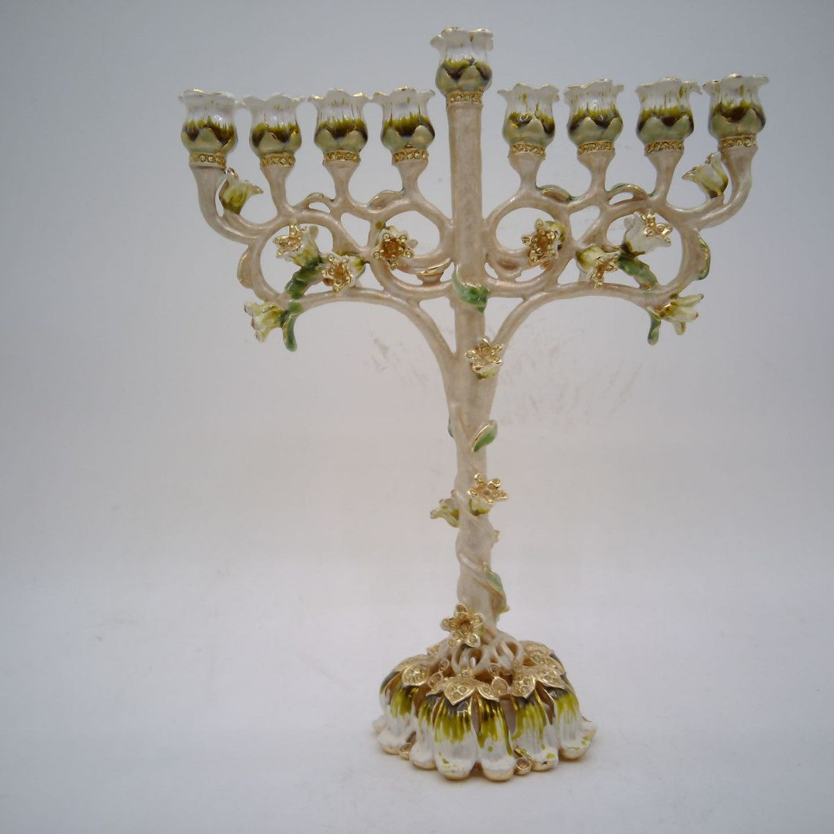 Designer Ivory Enamel Hanukkah Menorah, Floral Branches, 22.5 cm Tall