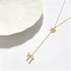 Star of David & Chai Lariat Necklace in Gold Plated 925 Sterling Silver, Cubic Zirconia