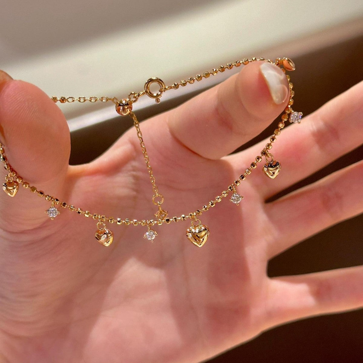 Heart Charm Bracelet in Gold Plated 925 Sterling Silver, Crystal Drops