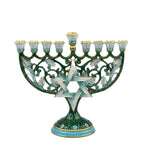 Designer Star of David Hanukkah Menorah, Teal Enamel & White Flowers, 17.5 cm Tall