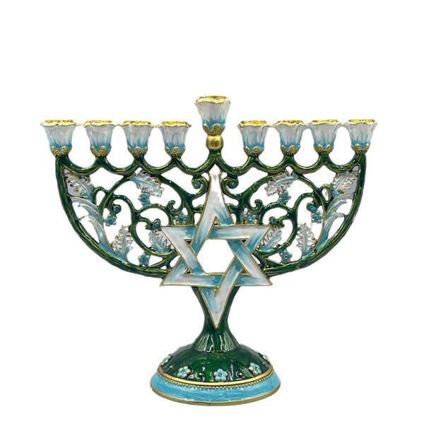 Designer Star of David Hanukkah Menorah, Teal Enamel & White Flowers, 17.5 cm Tall