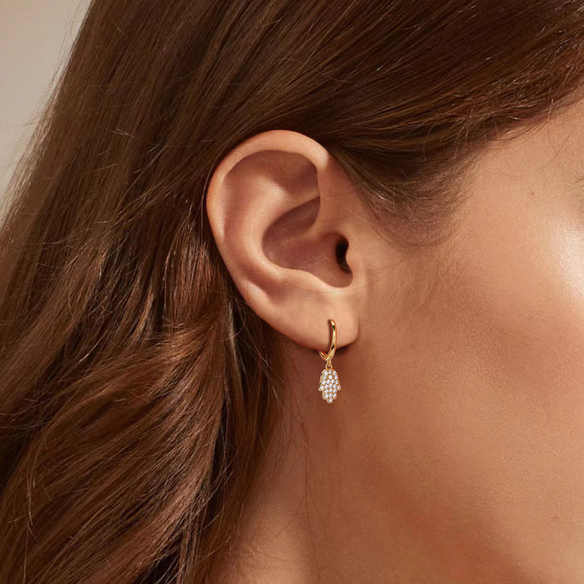Hamsa Hoop Earrings in 925 Sterling Silver, Pavé Cubic Zirconia