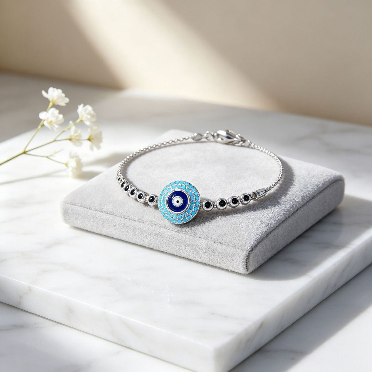 Evil Eye Bracelet in 925 Sterling Silver, Blue Enamel Eye