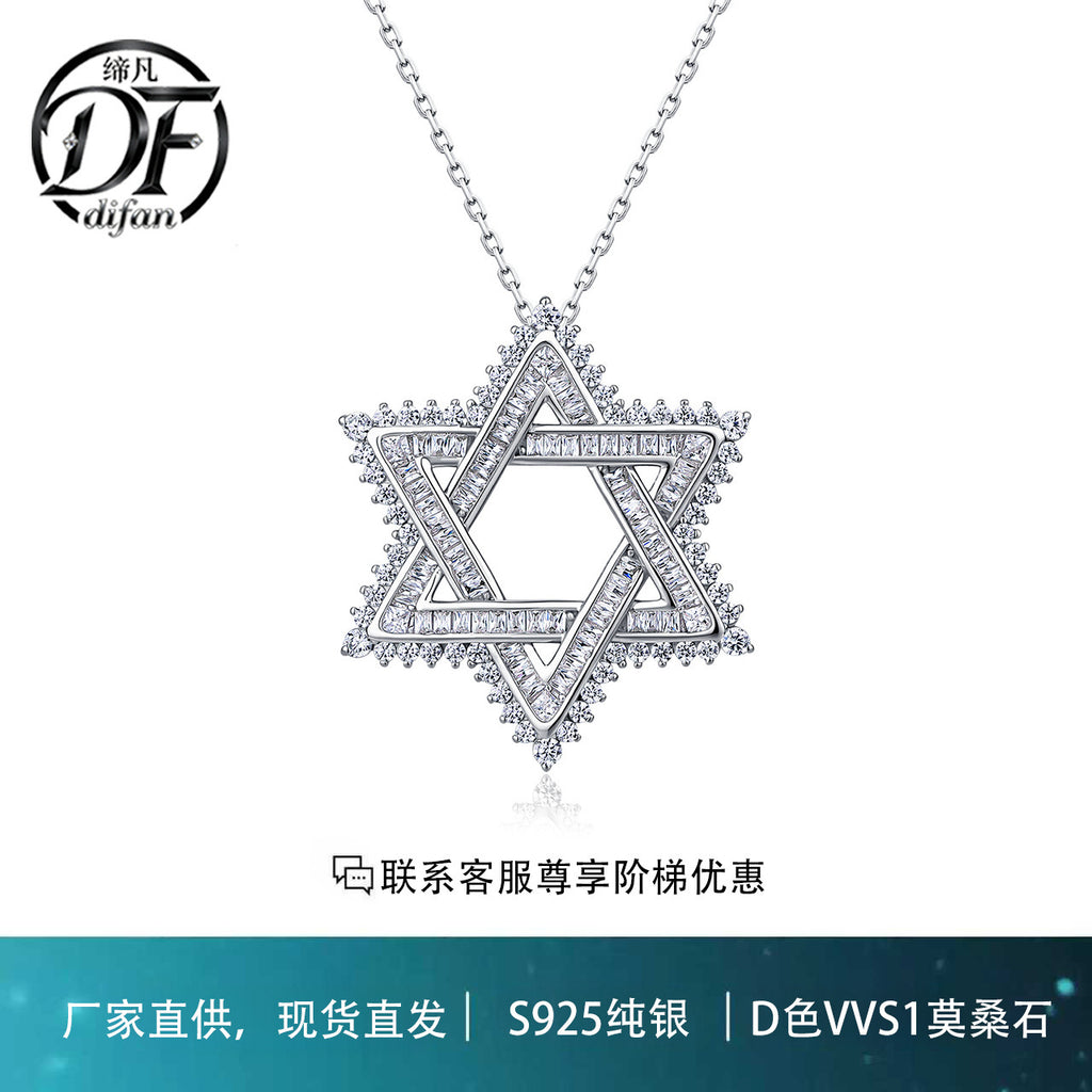 Star of David Necklace with Moissanite in 925 Sterling Silver, GRA Certified