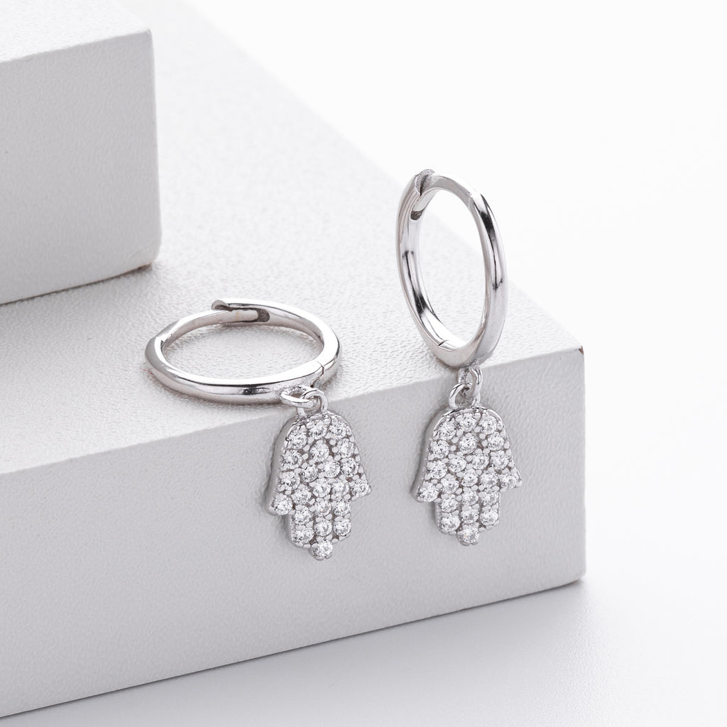 Hamsa Hoop Earrings in 925 Sterling Silver, Pavé Cubic Zirconia