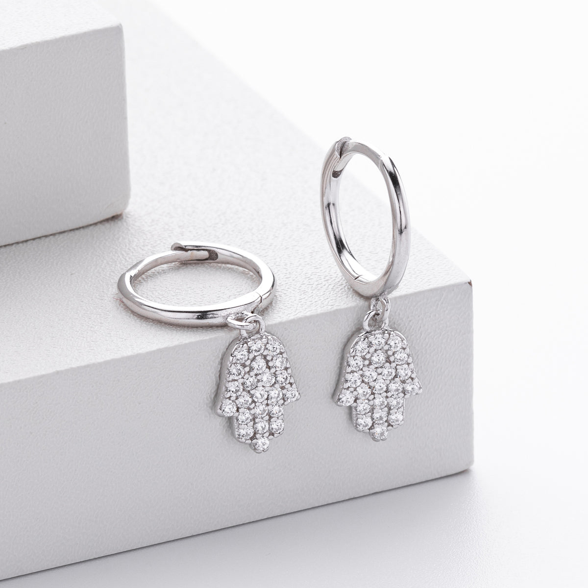 Hamsa Hoop Earrings in 925 Sterling Silver, Pavé Cubic Zirconia