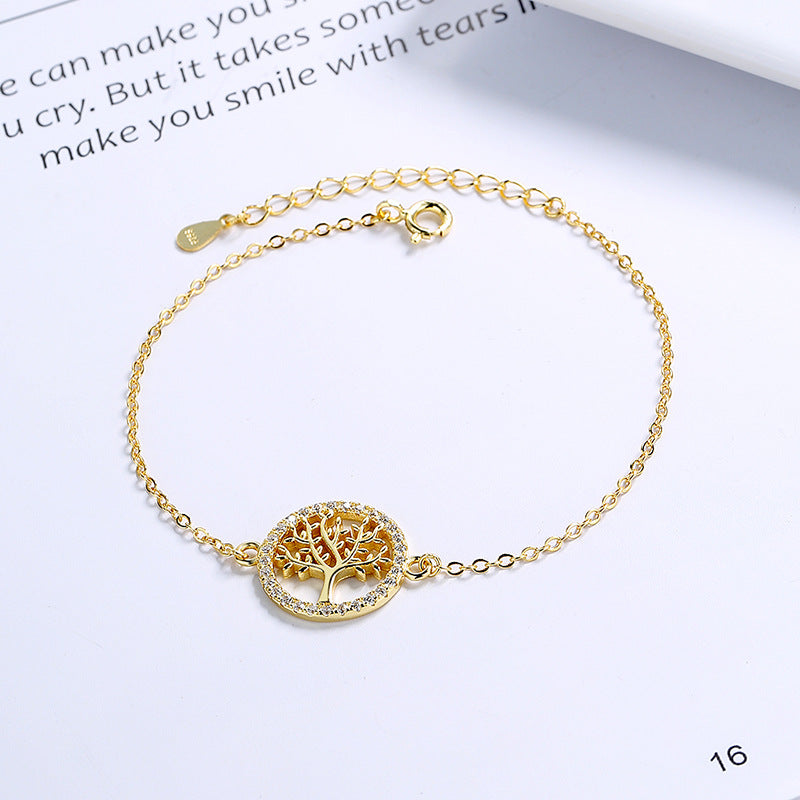 Tree of Life Bracelet in 925 Sterling Silver, Cubic Zirconia Circle