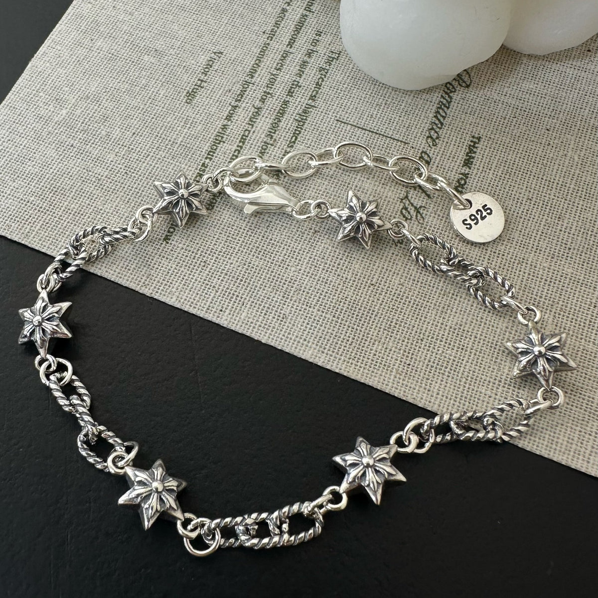 Star Link Bracelet in 925 Sterling Silver, Oxidized Six-Pointed Stars