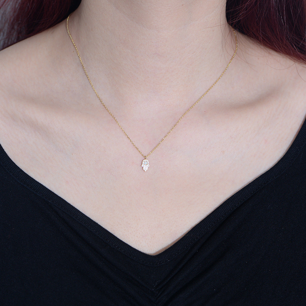 Hamsa Necklace with Opal in 925 Sterling Silver, Mini Pavé Hand