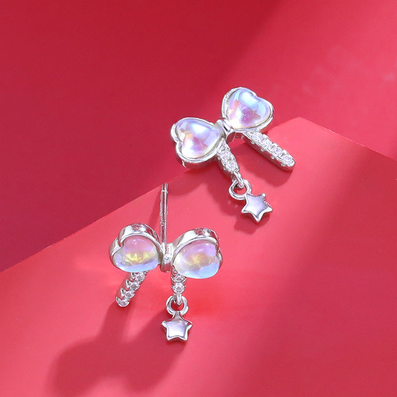 Bow Earrings in 925 Sterling Silver, Pastel Crystal with Star Drop