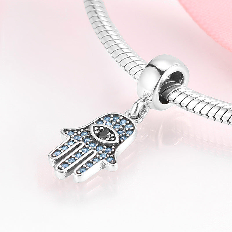 Hamsa Charm Necklace in 925 Sterling Silver, Blue Crystal Evil Eye