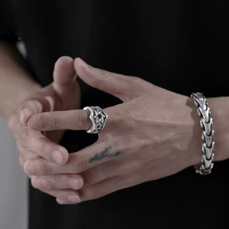 Men's Star of David Ring in 925 Sterling Silver, Oxidized Wide Band