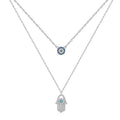 Evil Eye and Hamsa Double Necklace in 925 Sterling Silver, Blue Eye