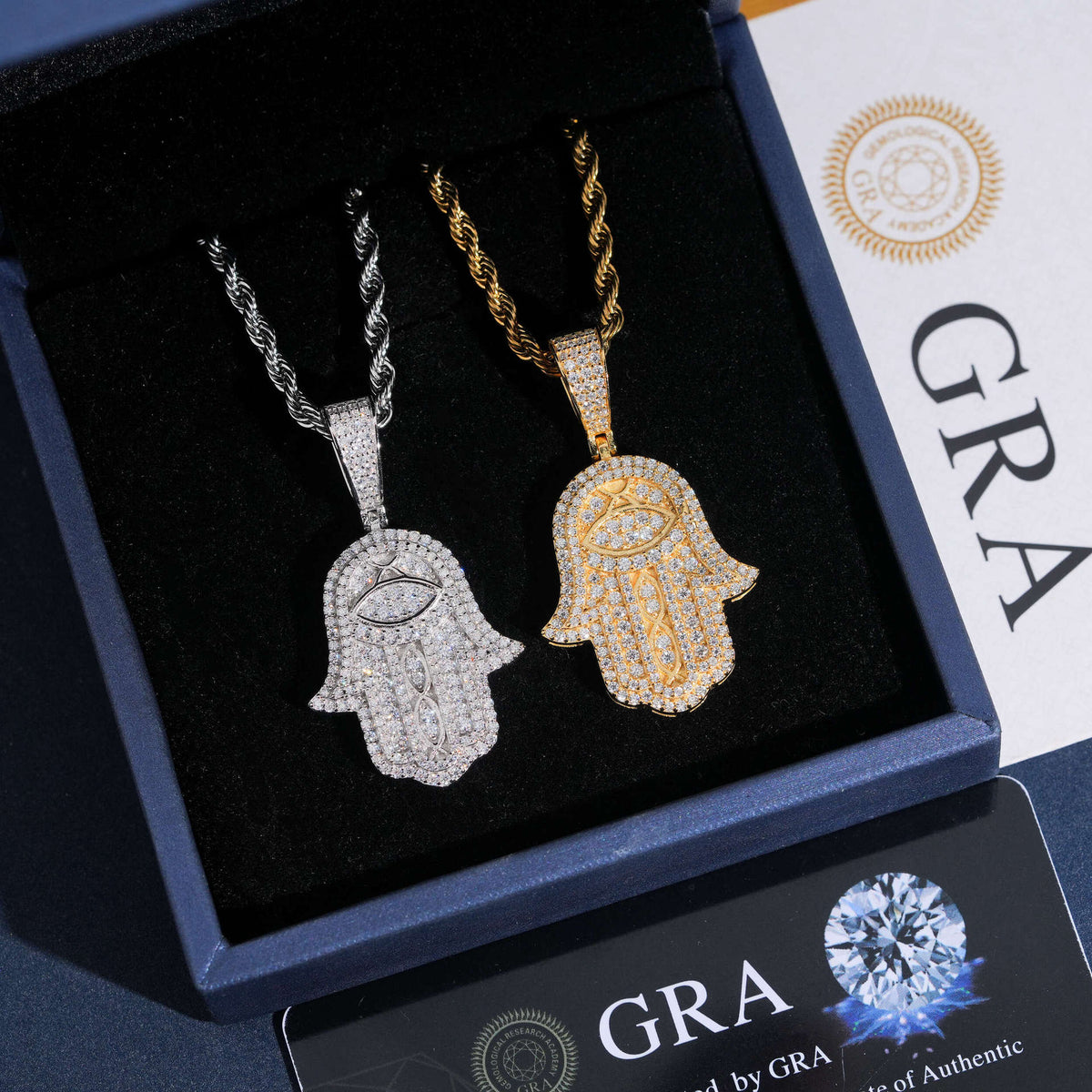 Hamsa Hand Necklace with Pavé Moissanite in Gold Plated 925 Sterling Silver, Evil Eye