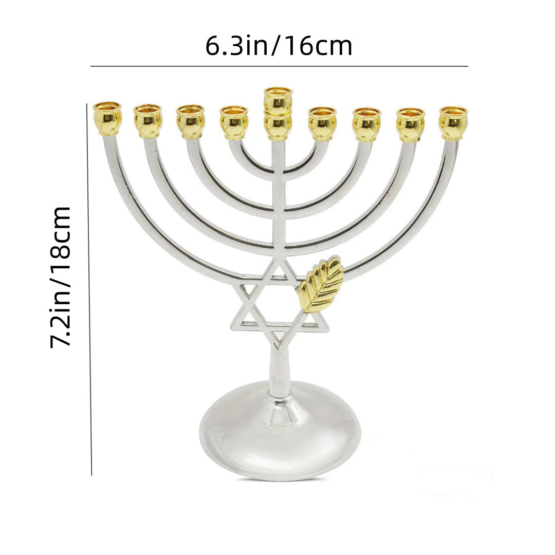 Silver & Gold Star of David Hanukkah Menorah with Wheat, 18 cm Tall