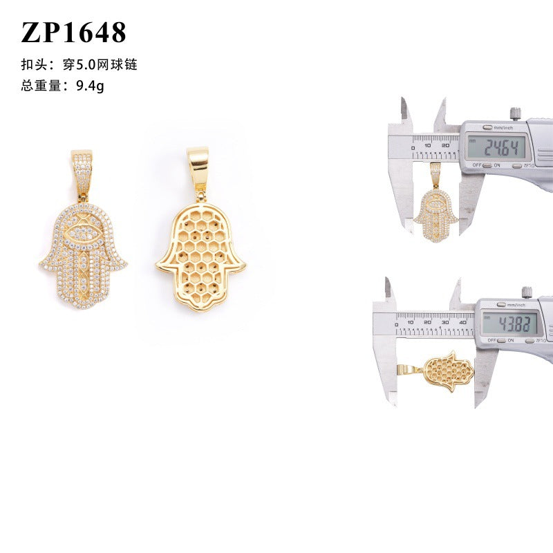 Hamsa Hand Necklace with Pavé Moissanite in Gold Plated 925 Sterling Silver, Evil Eye