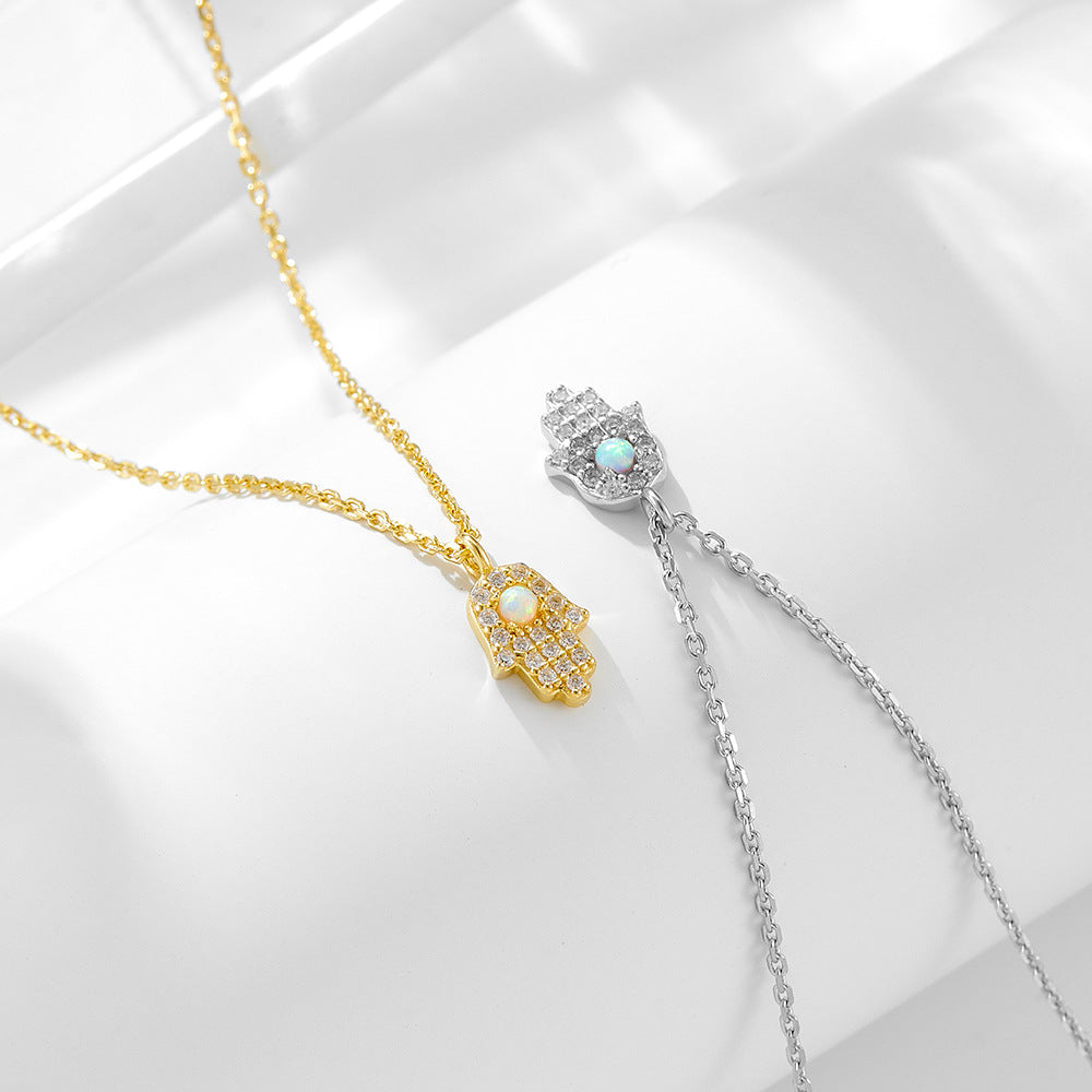 Hamsa Necklace with Opal in 925 Sterling Silver, Mini Pavé Hand