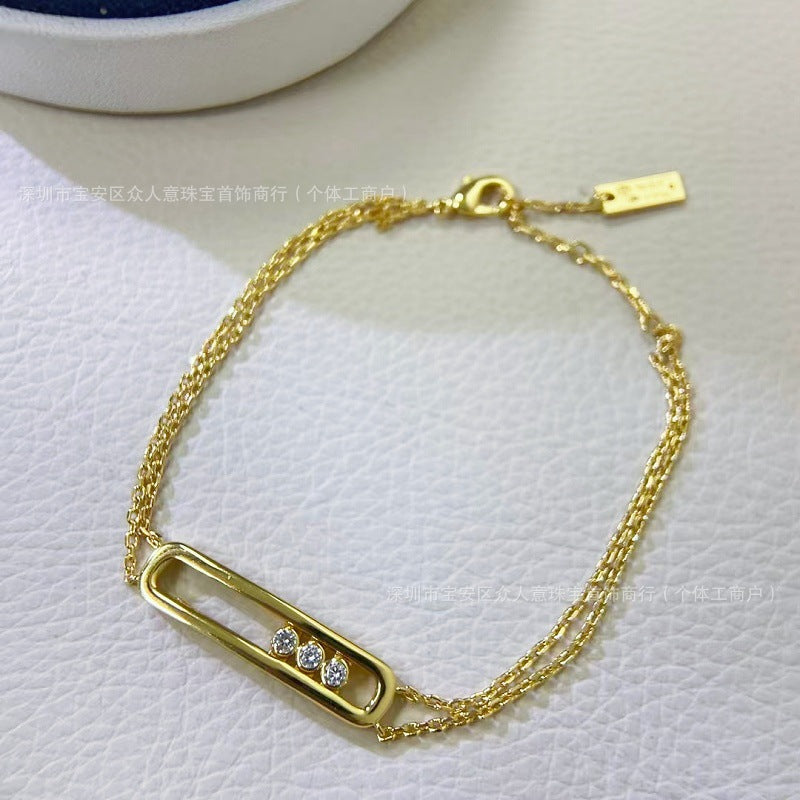 Sliding Bar Bracelet in 925 Sterling Silver, Double Chain
