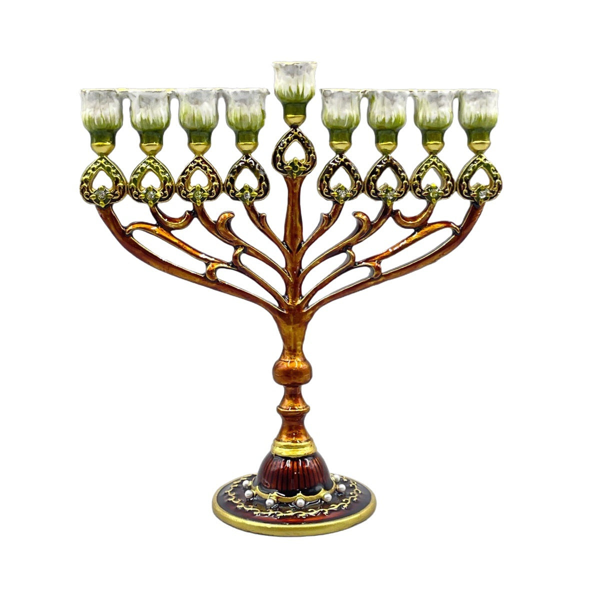 Designer Copper-Tone Hanukkah Menorah, Green Enamel Cups, 16.5 cm Tall