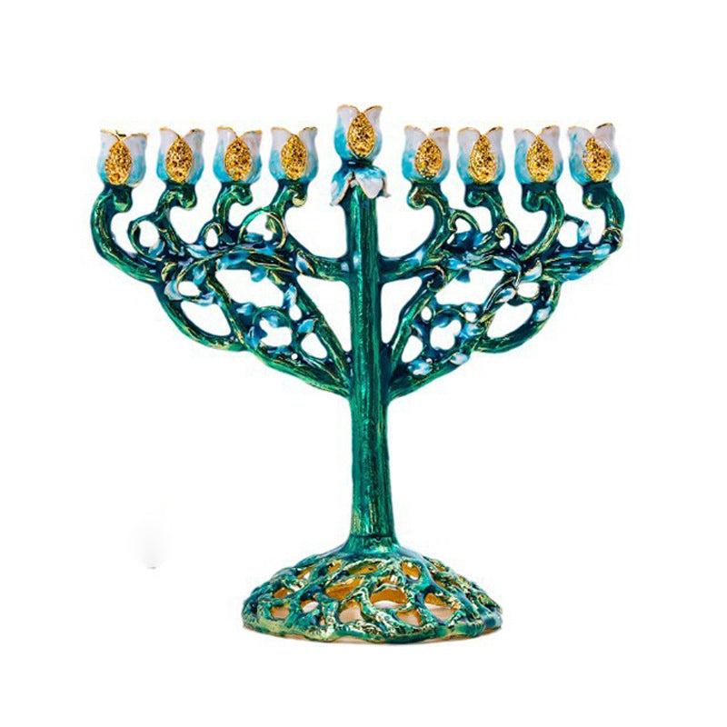 Designer Baroque Hanukkah Menorah, Bronze & Gold Scroll, 16 cm Tall