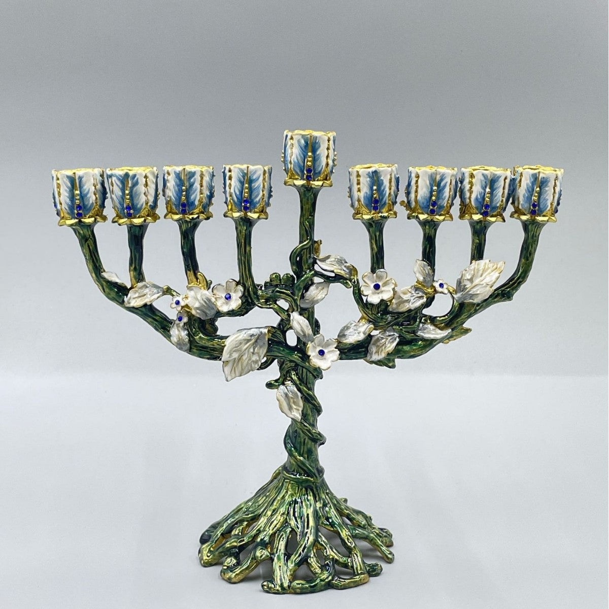 Designer Flowering Tree Hanukkah Menorah, Green Enamel with White Blossoms, 19 cm Tall