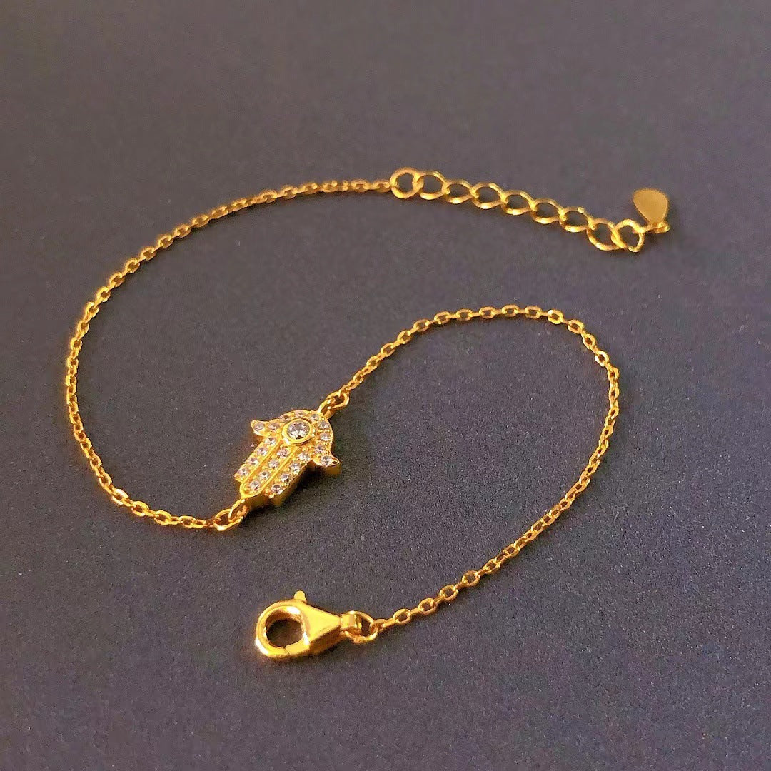 Hamsa Bracelet in 925 Sterling Silver, Pavé Cubic Zirconia Charm
