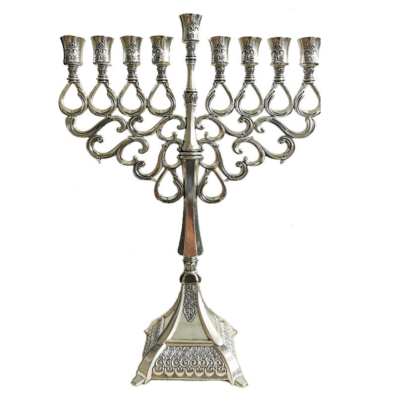 Grand Silver-Tone Hanukkah Menorah, Ornate Cast Design, 40 cm Tall