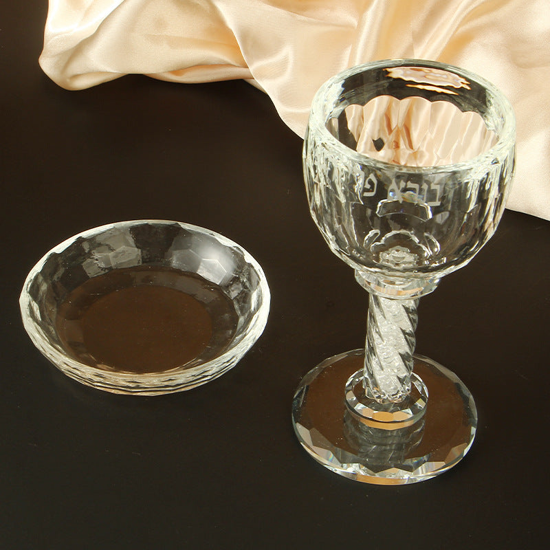 Crystal Glass Kiddush Cup with Saucer, 16 cm, Clear or Silver