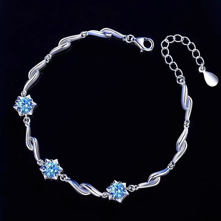 Six-Pointed Star Bracelet in 925 Sterling Silver, Blue or Clear Cubic Zirconia