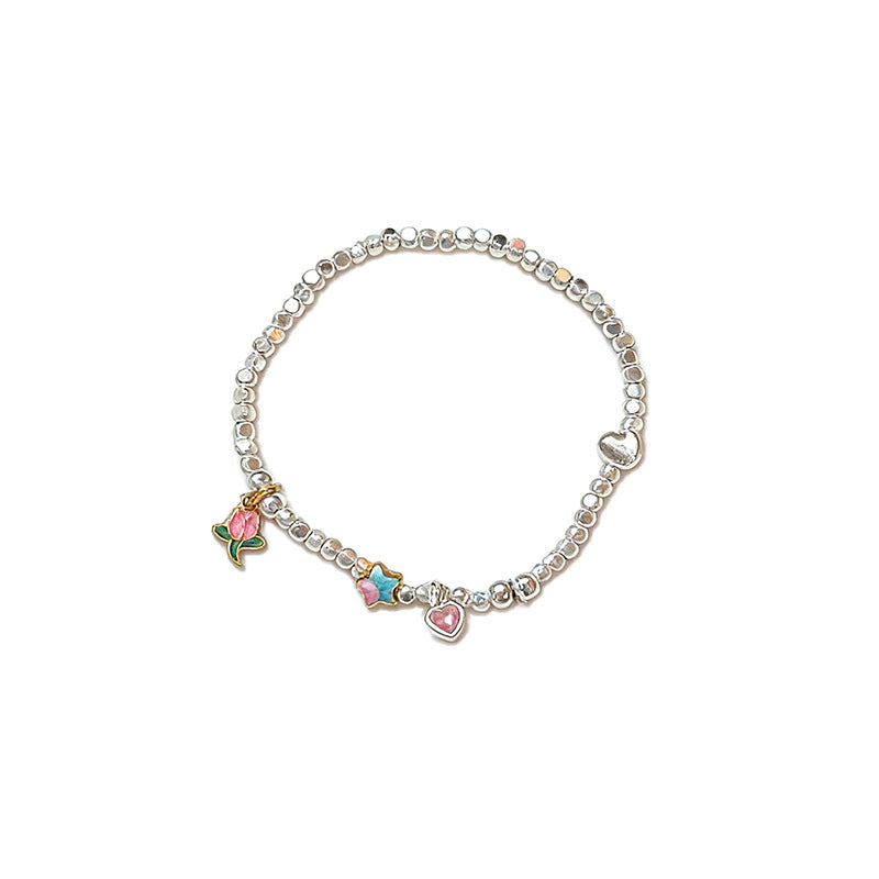 Tulip & Enamel Heart Bracelet in 925 Sterling Silver, Pastel Charms