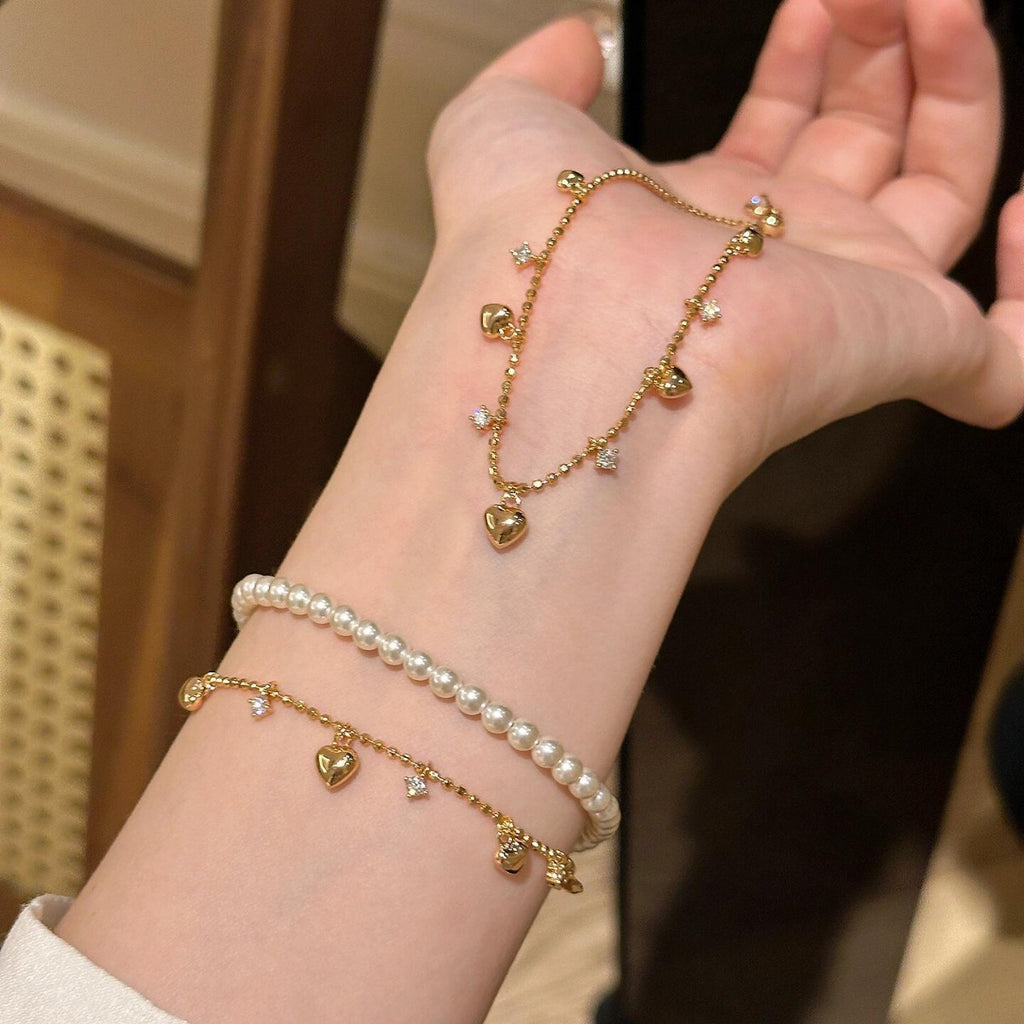 Heart Charm Bracelet in Gold Plated 925 Sterling Silver, Crystal Drops