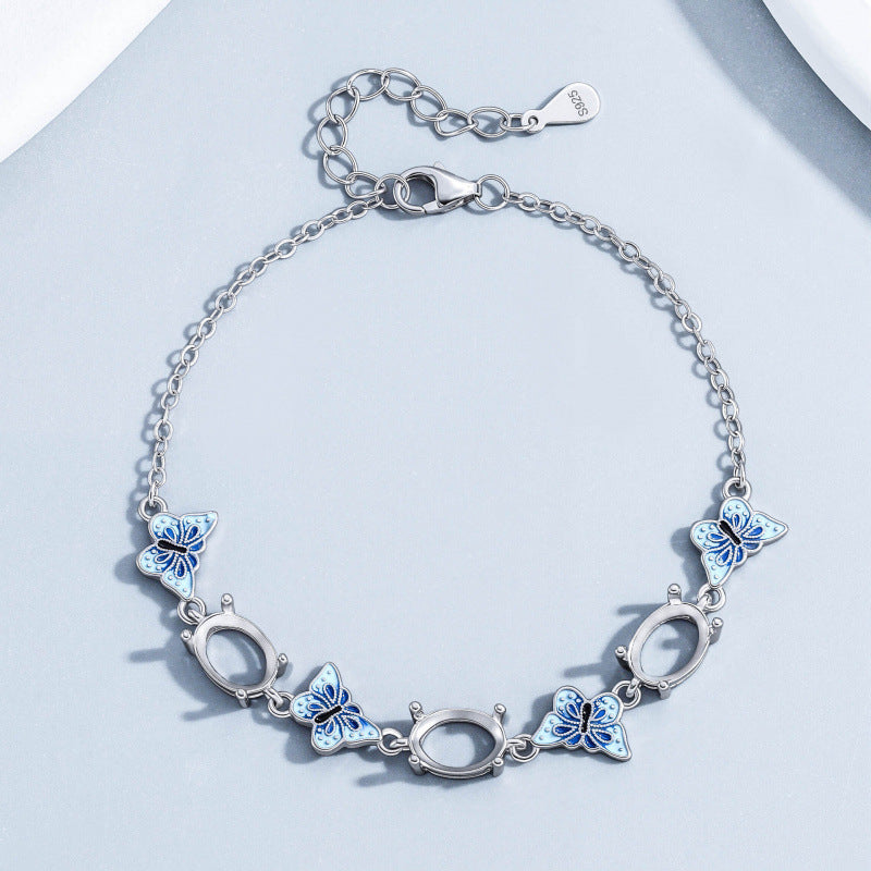 Blue Butterfly Link Bracelet in 925 Sterling Silver, Enamel Butterflies