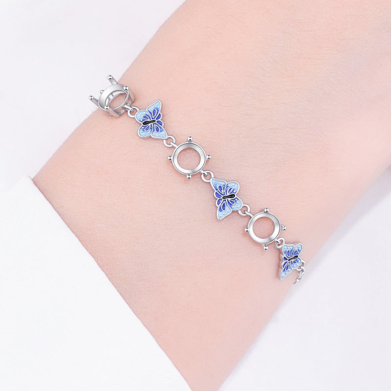 Blue Butterfly Link Bracelet in 925 Sterling Silver, Enamel Butterflies