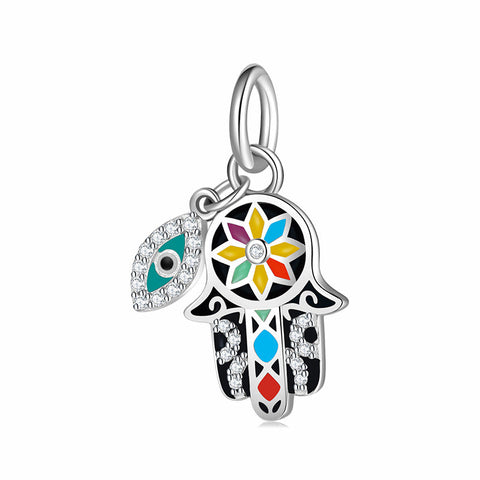 Hamsa Charm Necklace in 925 Sterling Silver, Colorful Enamel & Evil Eye