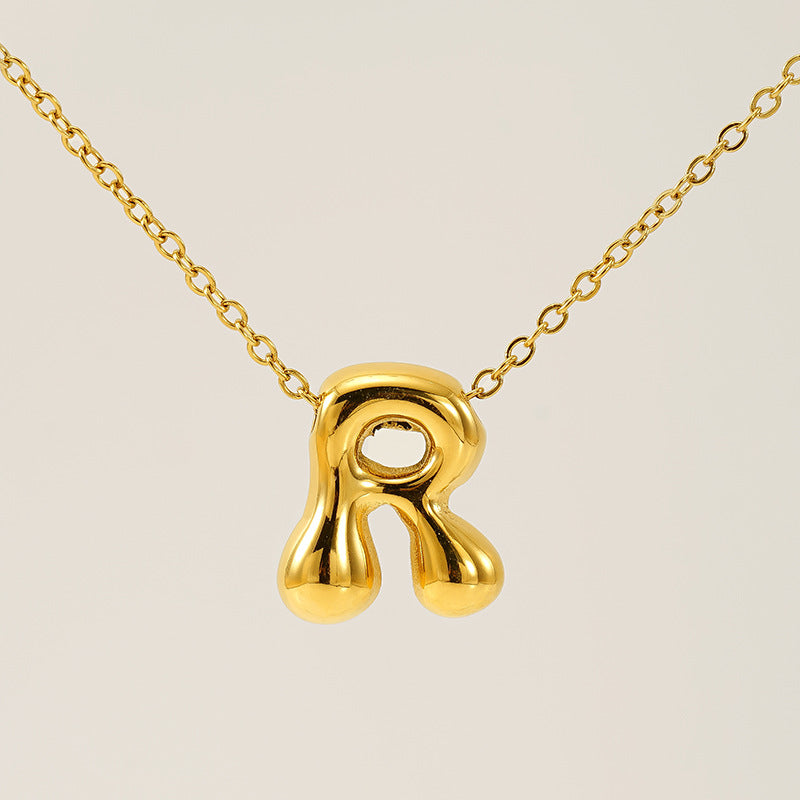 Initial Necklace in 18K Gold-Plated Stainless Steel, Bubble Letter A-Z