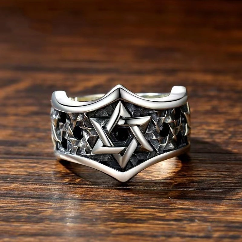 Men's Star of David Ring in 925 Sterling Silver, Oxidized Wide Band