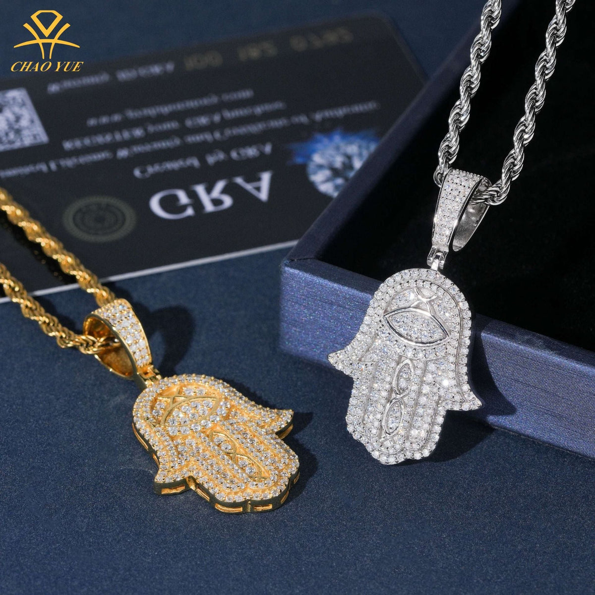 Hamsa Hand Necklace with Pavé Moissanite in 925 Sterling Silver, Evil Eye