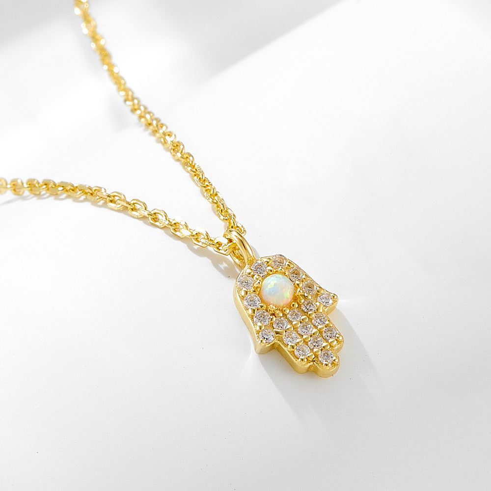 Hamsa Necklace with Opal in 925 Sterling Silver, Mini Pavé Hand