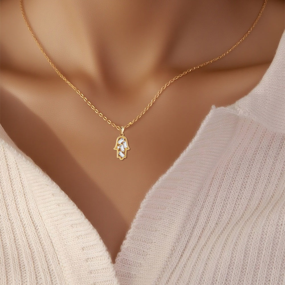 Hamsa Necklace in Gold Plated 925 Sterling Silver, Dainty Pavé