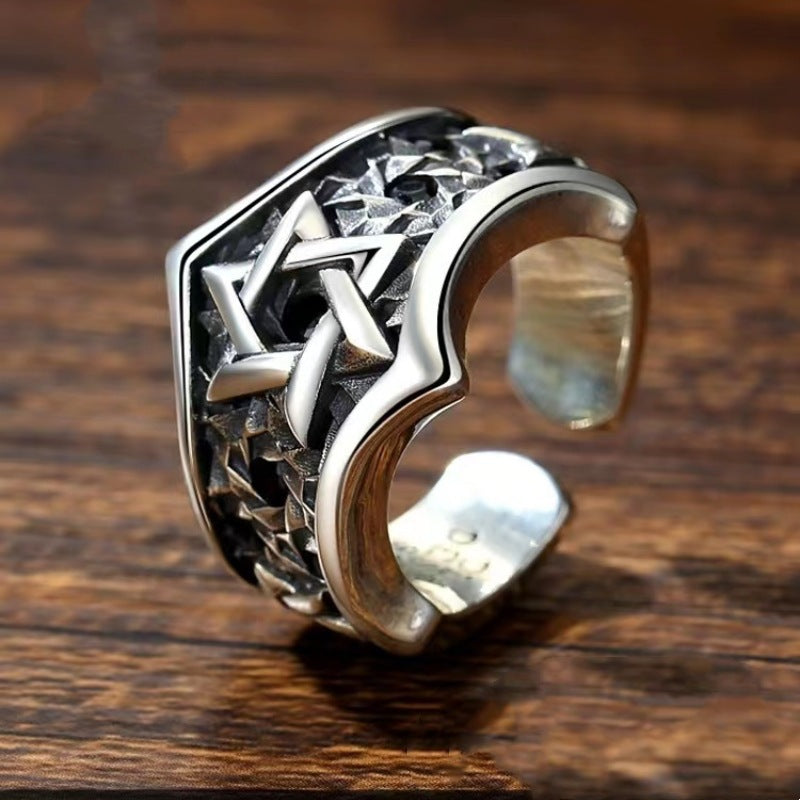 Men's Star of David Ring in 925 Sterling Silver, Oxidized Wide Band