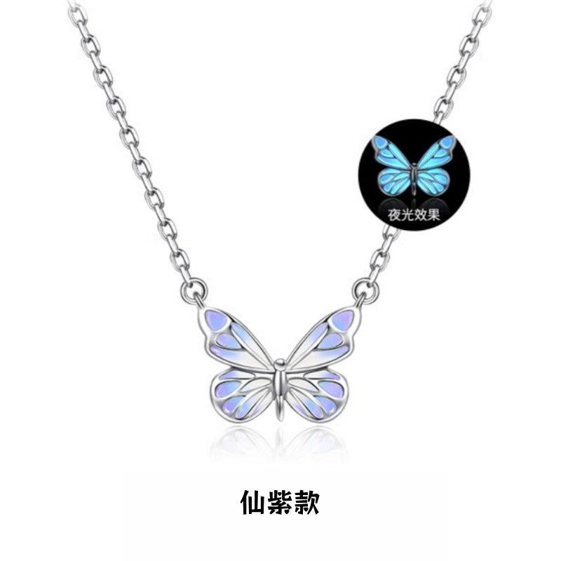 Glow-in-the-Dark Butterfly Necklace in 925 Sterling Silver, Lavender Enamel