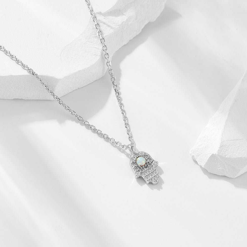 Hamsa Necklace with Opal in 925 Sterling Silver, Mini Pavé Hand