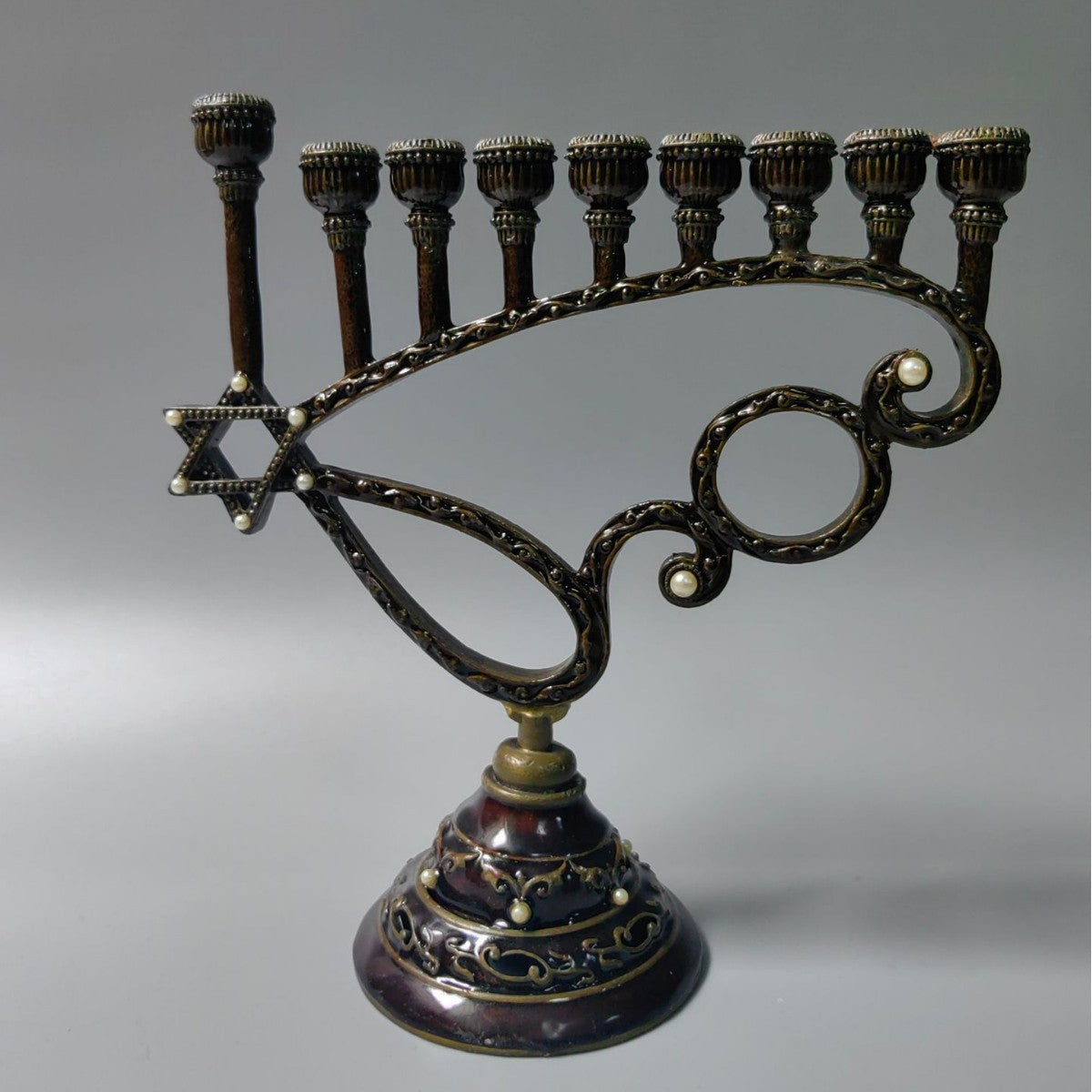 Antique Bronze Hanukkah Menorah, Scroll Design, 17 cm Tall