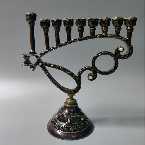 Antique Bronze Hanukkah Menorah, Scroll Design, 17 cm Tall