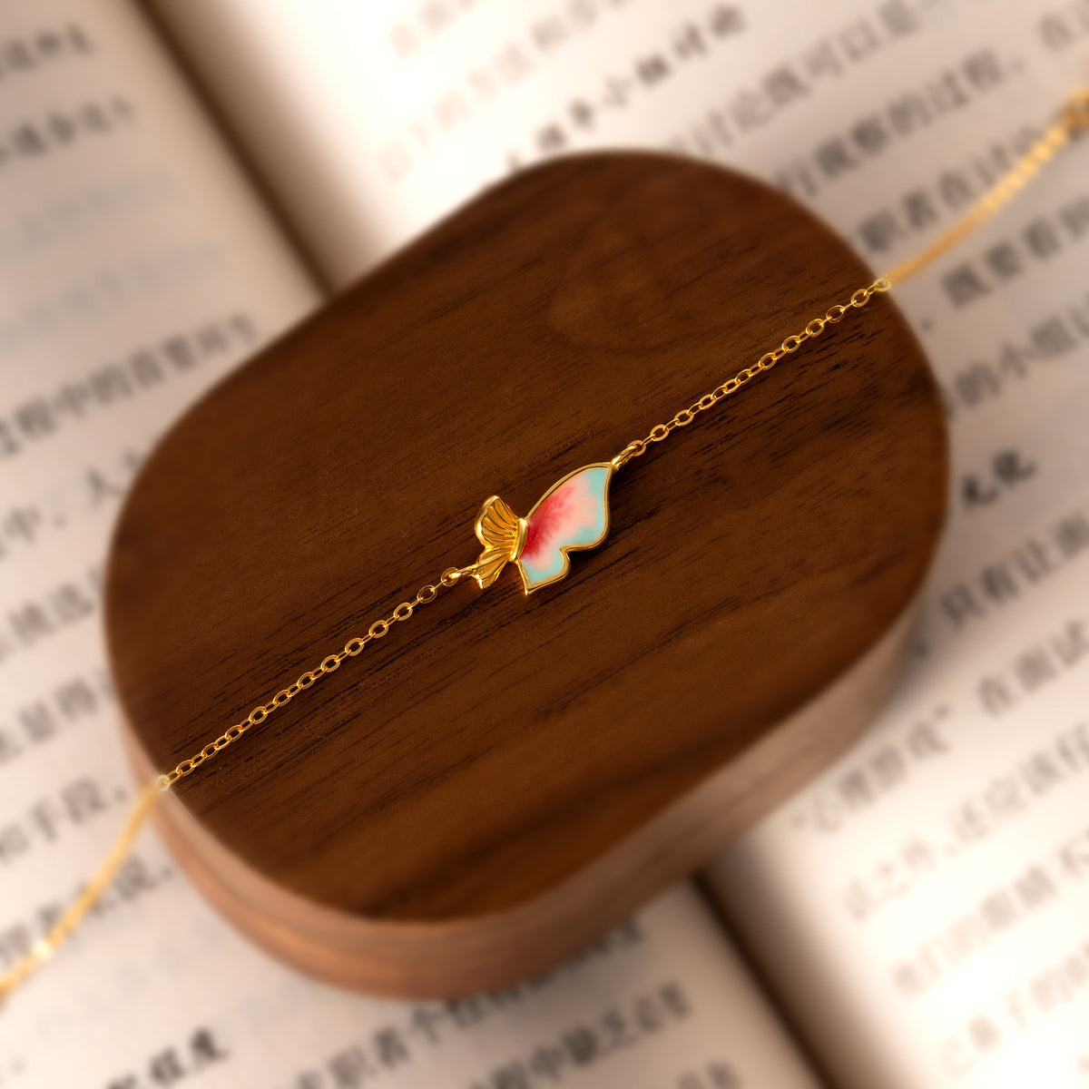Enamel Butterfly Bracelet in Gold Plated 925 Sterling Silver, Pink Gradient