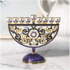 Designer Star of David Hanukkah Menorah, Teal Enamel & White Flowers, 17.5 cm Tall