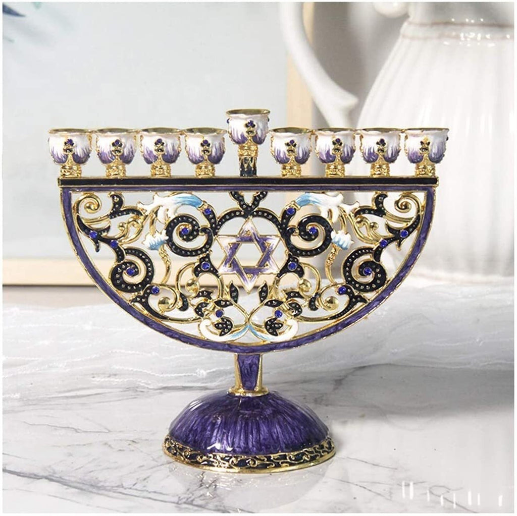 Designer Teal Enamel Hanukkah Menorah, Lapis Blue Base, 16 cm Tall